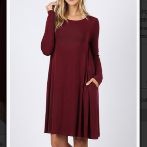 Long Sleeve Burgundy Swing Dress Size XL